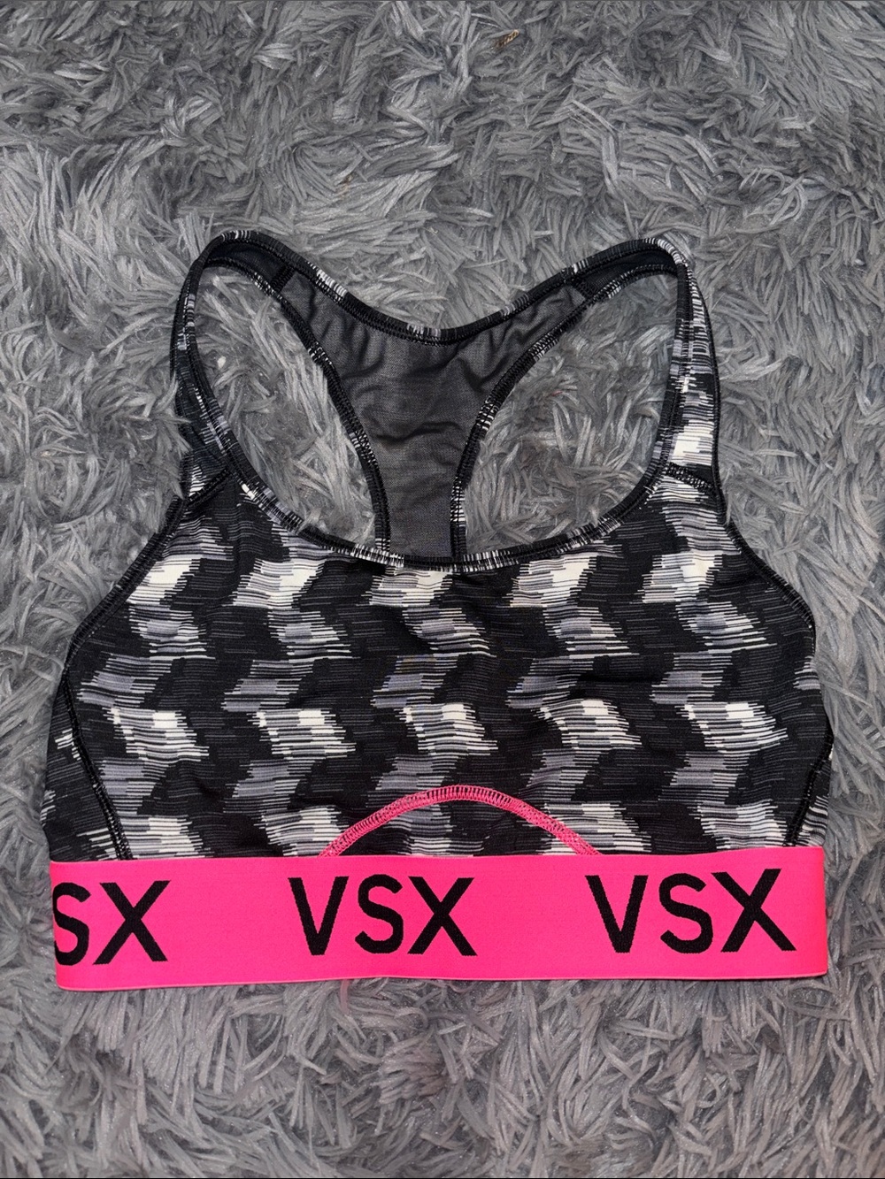 VSX Black & Gray patterned Sports Bra w Neon Pink Band Victoria’s Secret sport
